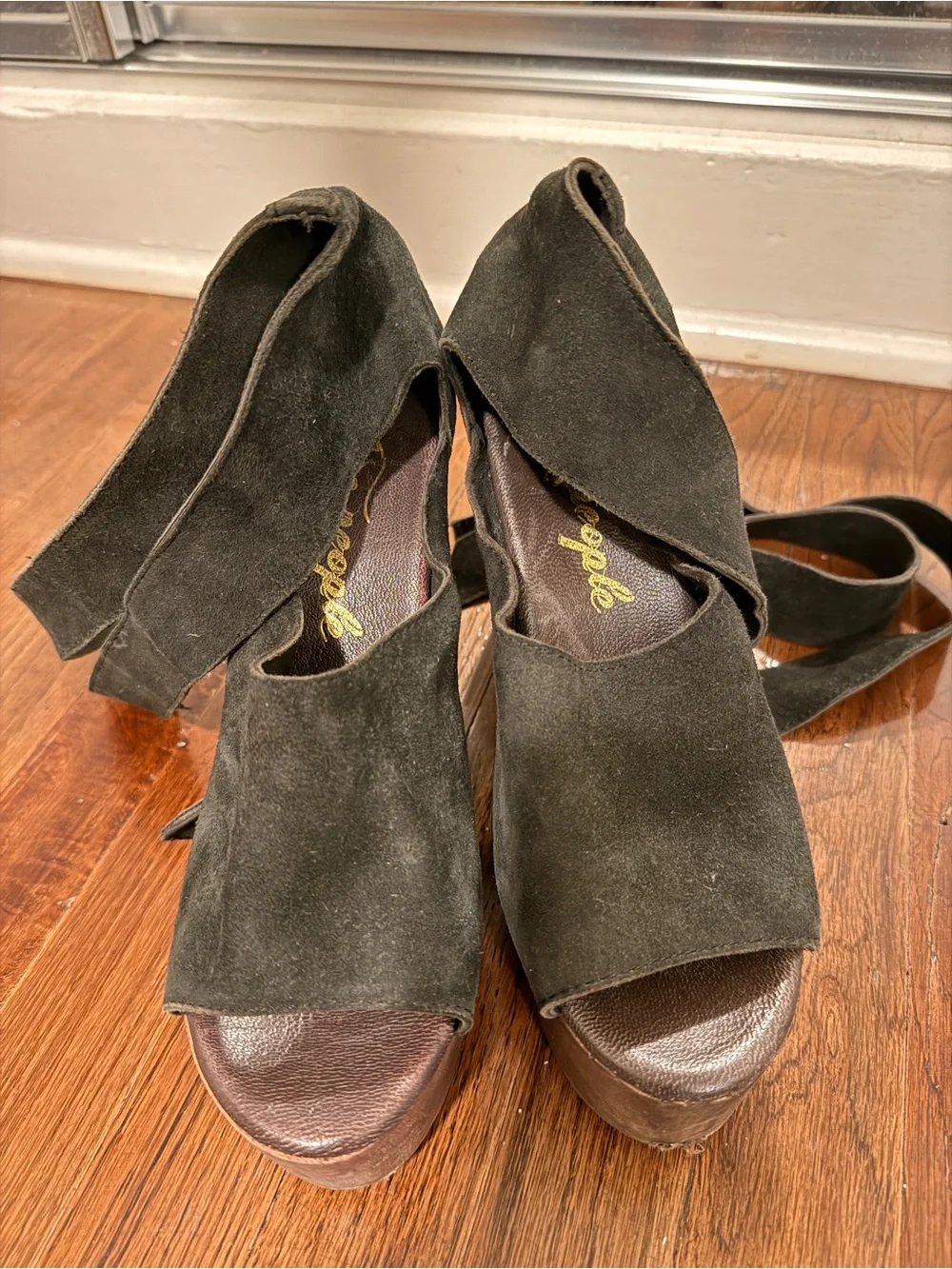 Dark Green Suede Platform Wrap-Heel Sandal